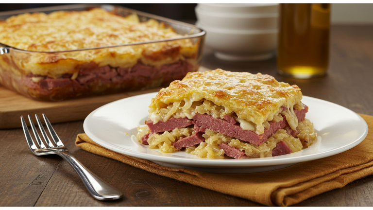 A close-up of a freshly baked Reuben casserole with layers of corned beef, sauerkraut, and Swiss cheese.