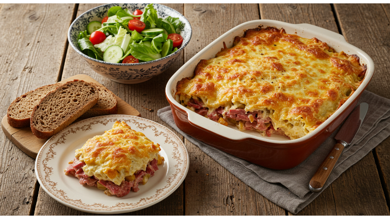 A deliciously baked Reuben casserole served with a side salad.