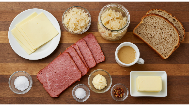 Flat lay of ingredients for Reuben bake including corned beef, sauerkraut, Swiss cheese, and rye bread.