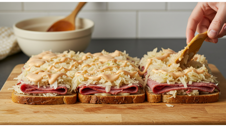 Layers of rye bread, Thousand Island dressing, corned beef, and sauerkraut being assembled for Reuben bake.