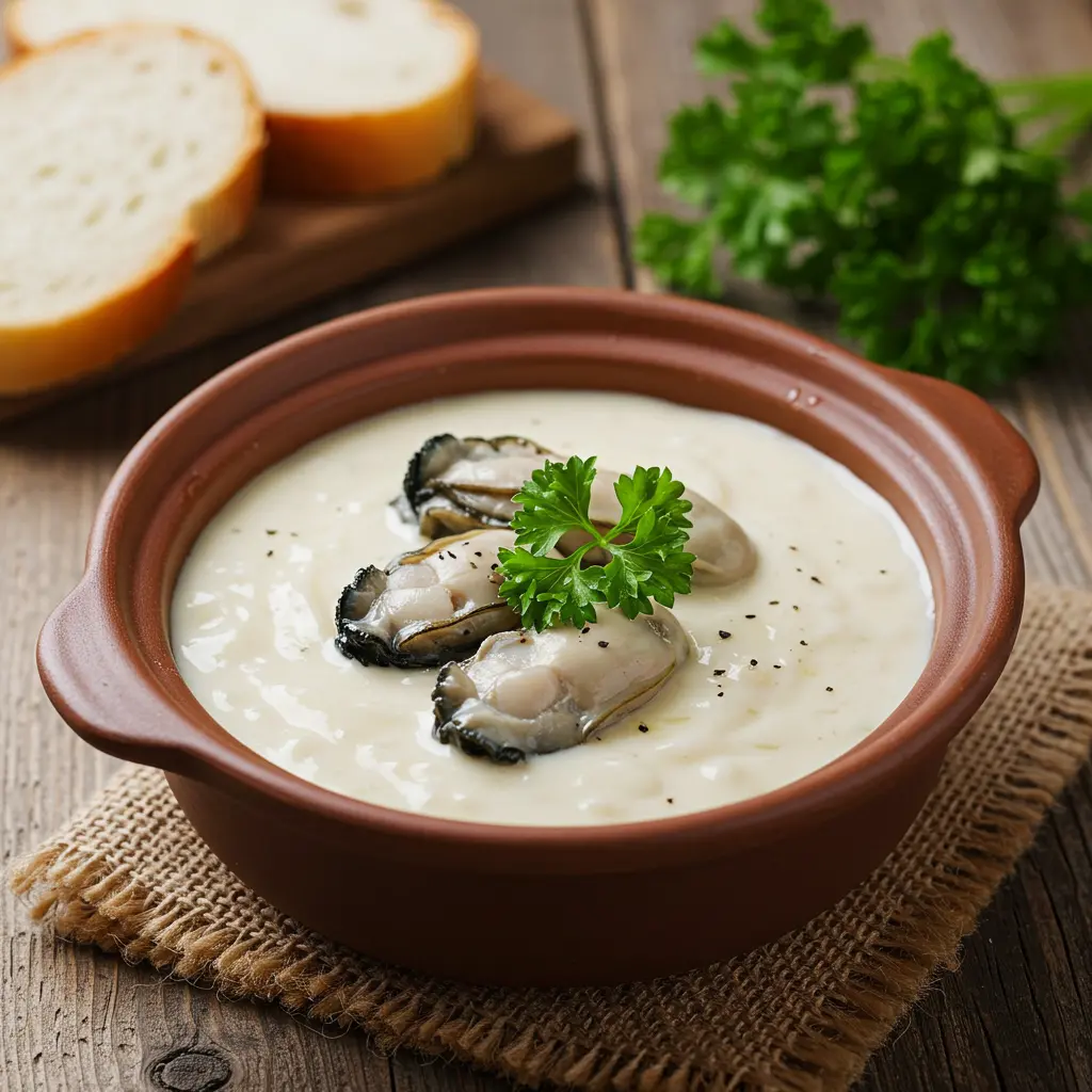 Creamy oyster stew in a bowl garnished with fresh herbs.