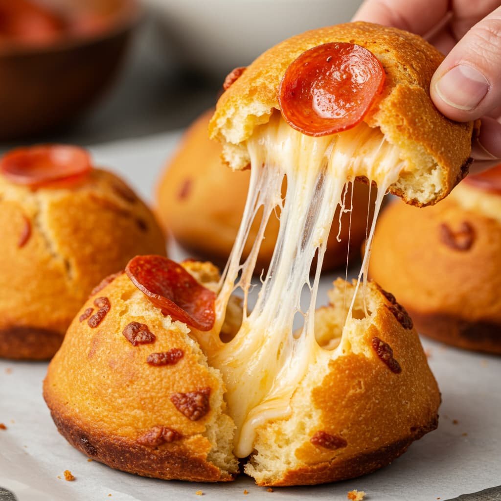 Ultimate Guide to Making Delicious Pepperoni Pizza Bombs 7 Pulling apart Pepperoni Pizza Bombs to reveal gooey cheese