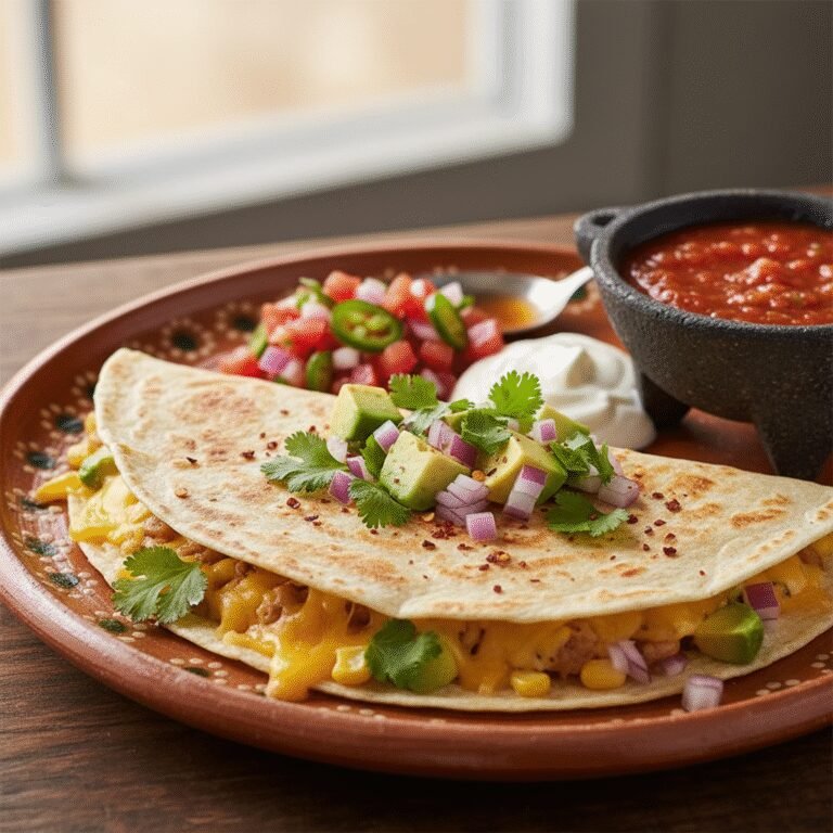 Speedy & Delicious: 15-Minute Breakfast Quesadilla Recipe for Busy Mornings 3 Delicious 15-minute breakfast quesadilla with eggs, melted cheese, bell peppers, and spinach on a cutting board, ready to serve.