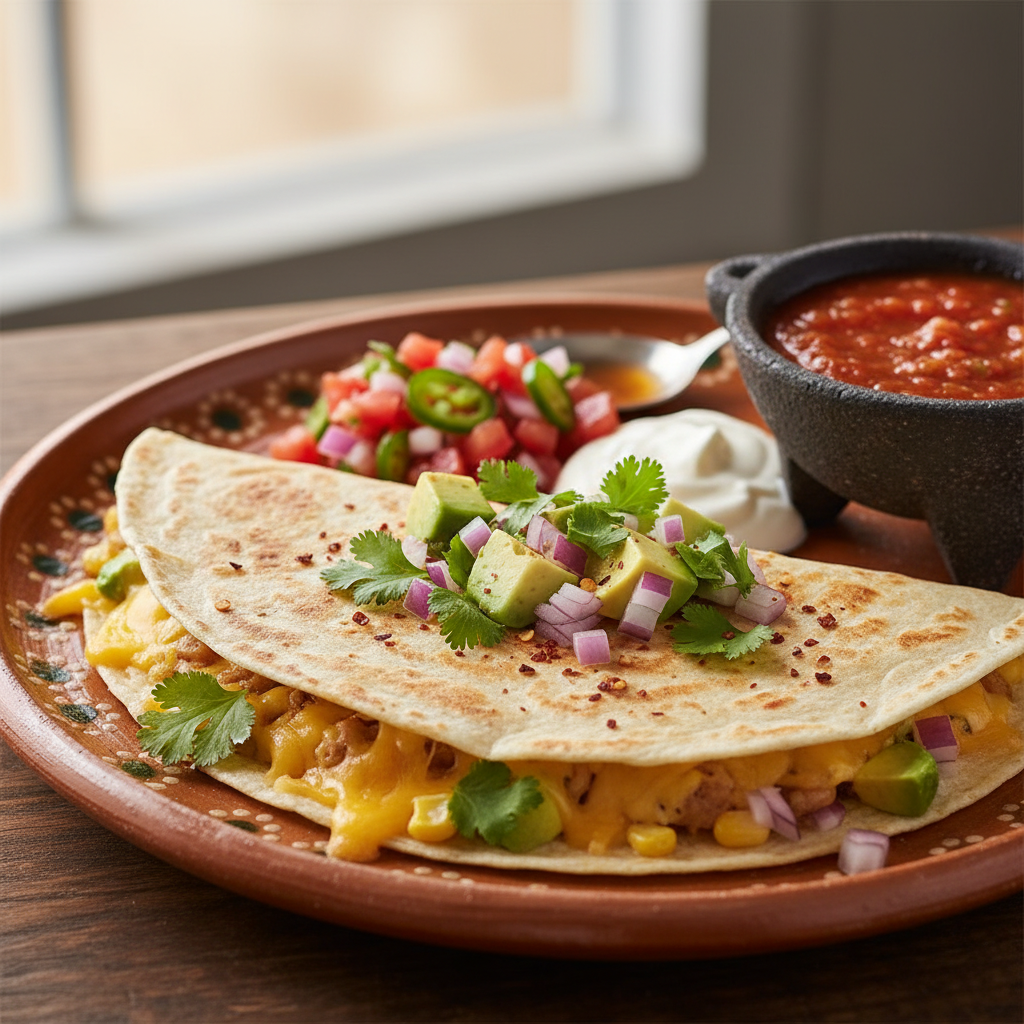 Speedy & Delicious: 15-Minute Breakfast Quesadilla Recipe for Busy Mornings 2 Delicious 15-minute breakfast quesadilla with eggs, melted cheese, bell peppers, and spinach on a cutting board, ready to serve.