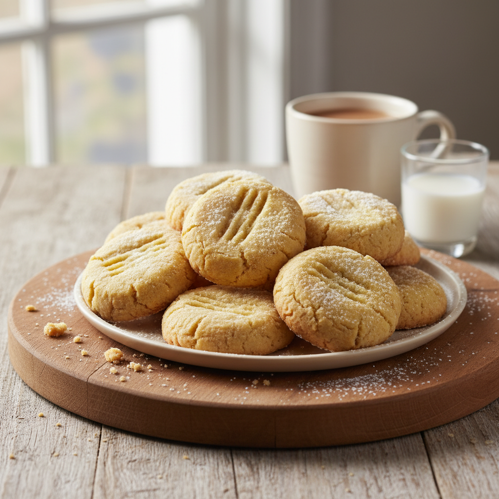 Irresistible 3-Ingredient Butter Cookies: Your Easiest Homemade Recipe! 2 A plate of golden-brown 3-ingredient butter cookies with a glass of milk.
