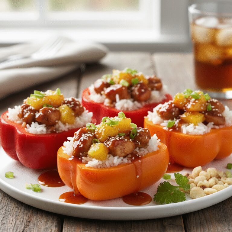 Vibrant Teriyaki Pineapple Chicken and Rice Stuffed Peppers in a baking dish, garnished with fresh green onions, ready to serve.