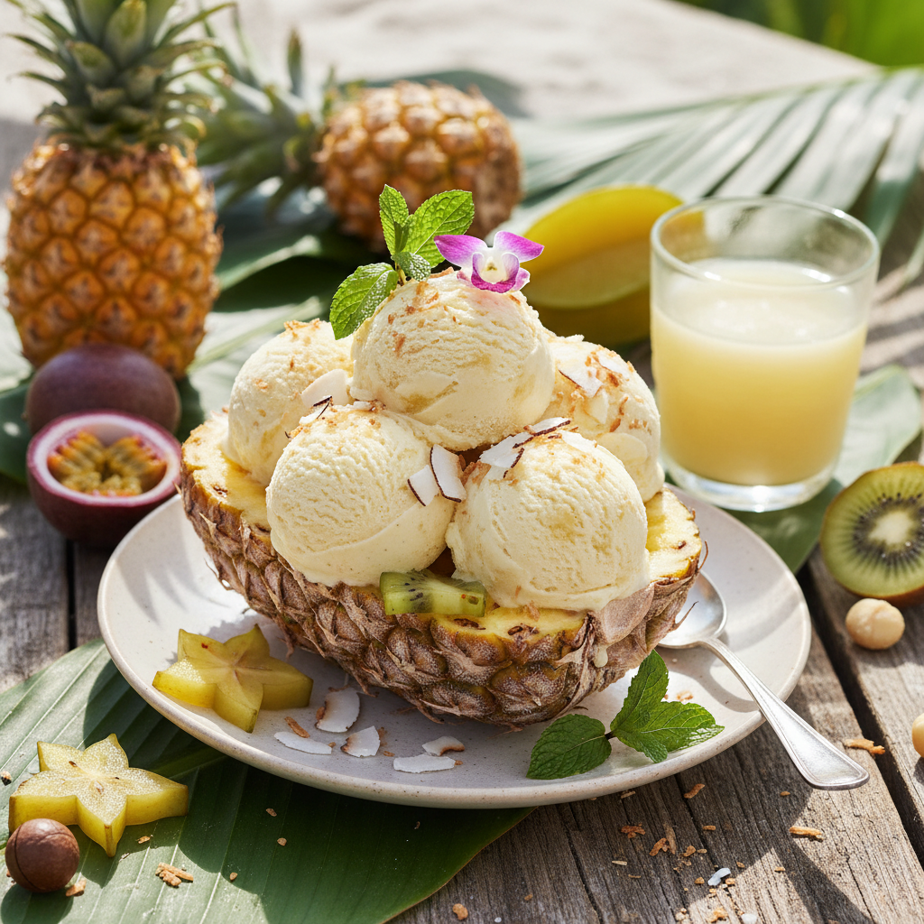 5-Minute Pineapple Ice Cream: Easy 3-Ingredient Recipe for a Tropical Treat! 2 Close-up of creamy 3-ingredient pineapple ice cream in a bowl, garnished with a small pineapple wedge, ready in 5 minutes.