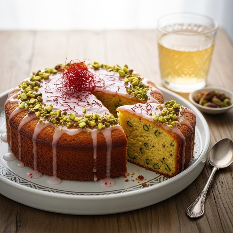 Slice of aromatic saffron cardamom cake with golden syrup drizzle and pistachio garnish
