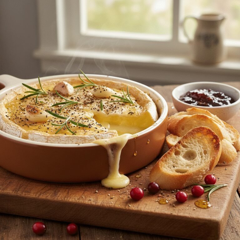 Irresistible Baked Camembert: Your Go-To Guide for a Gooey, Delicious Appetizer 3 Golden baked Camembert with fresh rosemary and garlic, served with crusty baguette slices, perfect for dipping.