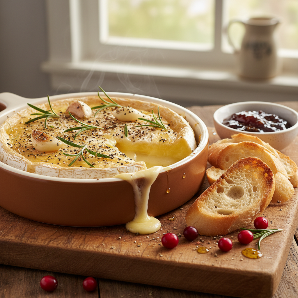 Irresistible Baked Camembert: Your Go-To Guide for a Gooey, Delicious Appetizer 2 Golden baked Camembert with fresh rosemary and garlic, served with crusty baguette slices, perfect for dipping.