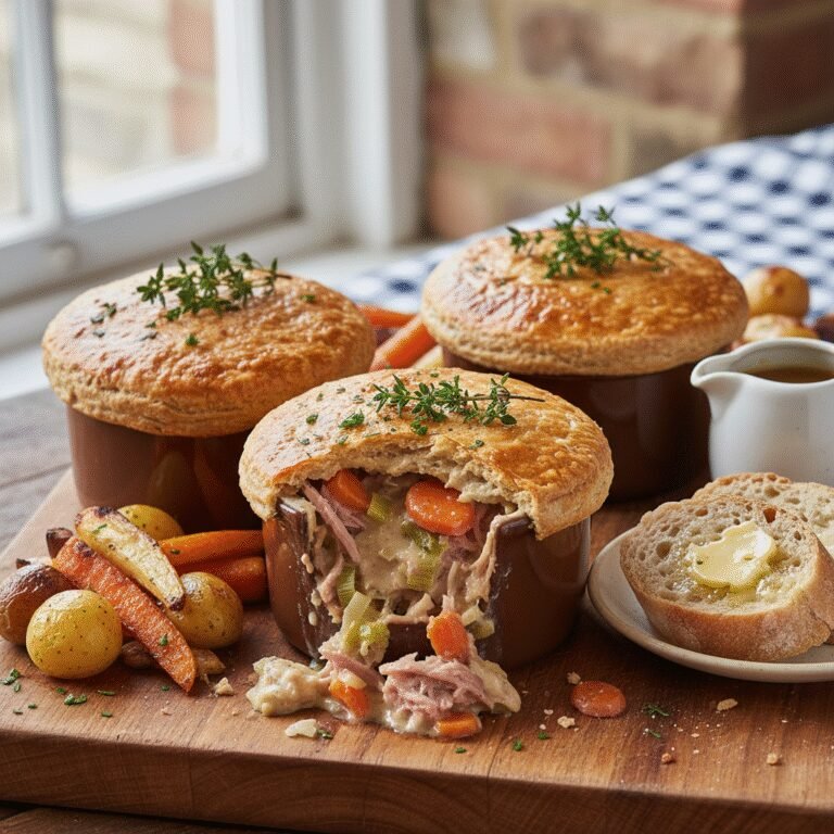 Hearty Baked Ham Hock Pots: The Ultimate Comfort Food Dinner 3 A rustic pot of baked ham hock with tender potatoes, carrots, and celery in a rich broth, garnished with fresh parsley.
