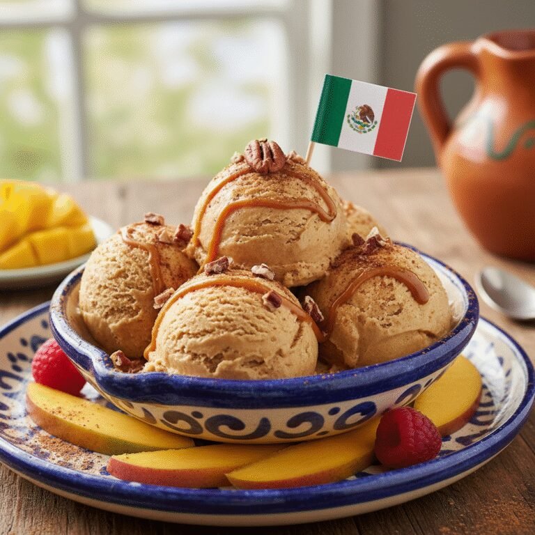 Close-up of creamy Mexican ice cream scoops topped with cinnamon and fresh fruit, ready to serve.