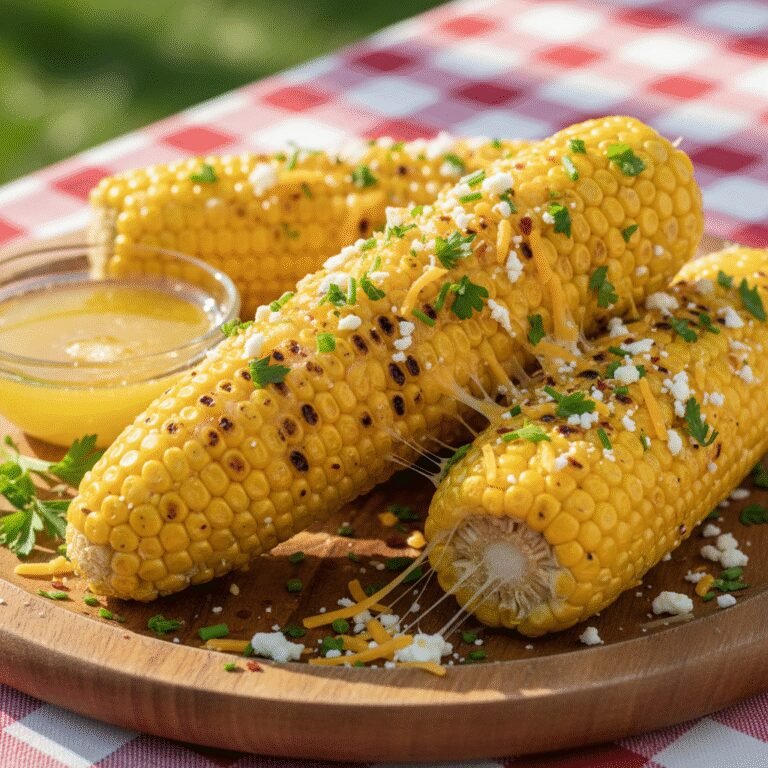 Close-up of Irresistible Cheesy Garlic Butter Corn on the Cob with melted cheese and fresh parsley garnish