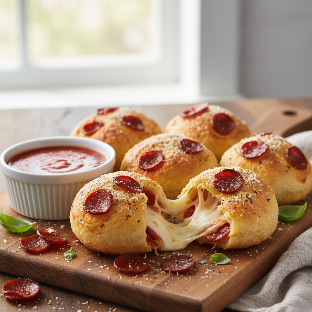 Delicious Cheesy Pepperoni Pizza Bombs baked golden brown with marinara dip.