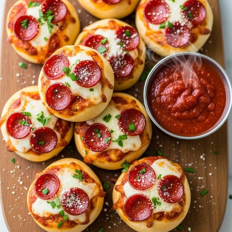 Irresistible Cheesy Pepperoni Pizza Bombs: Your New Favorite Party Snack! 3 Close-up of golden brown cheesy pepperoni pizza bombs served with marinara dipping sauce on a rustic wooden board.