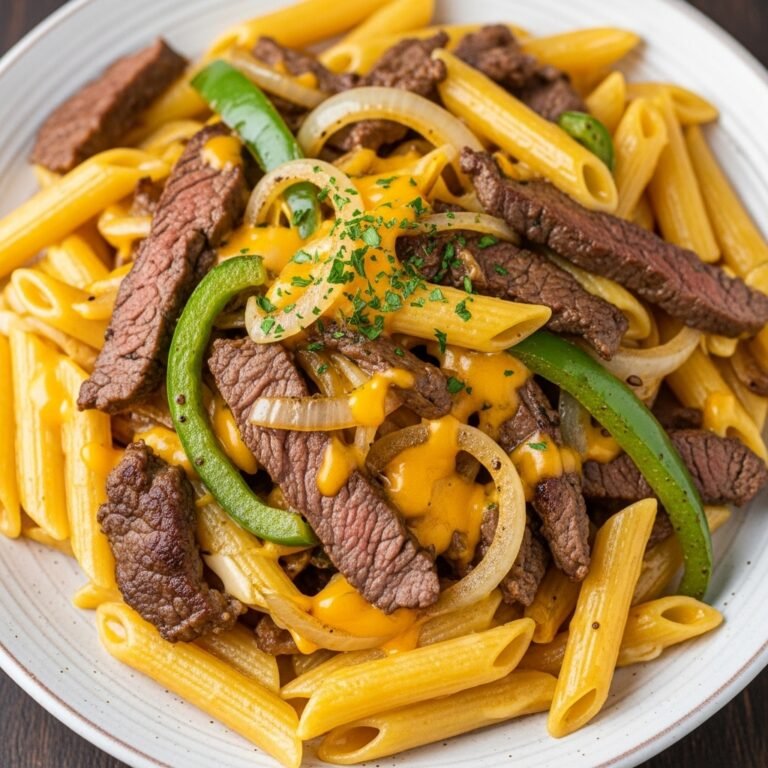 Cheesy Philly Cheesesteak Pasta: Your New Favorite One-Pot Family Dinner! 3 Close-up of creamy Cheesy Philly Cheesesteak Pasta in a skillet, garnished with fresh parsley.