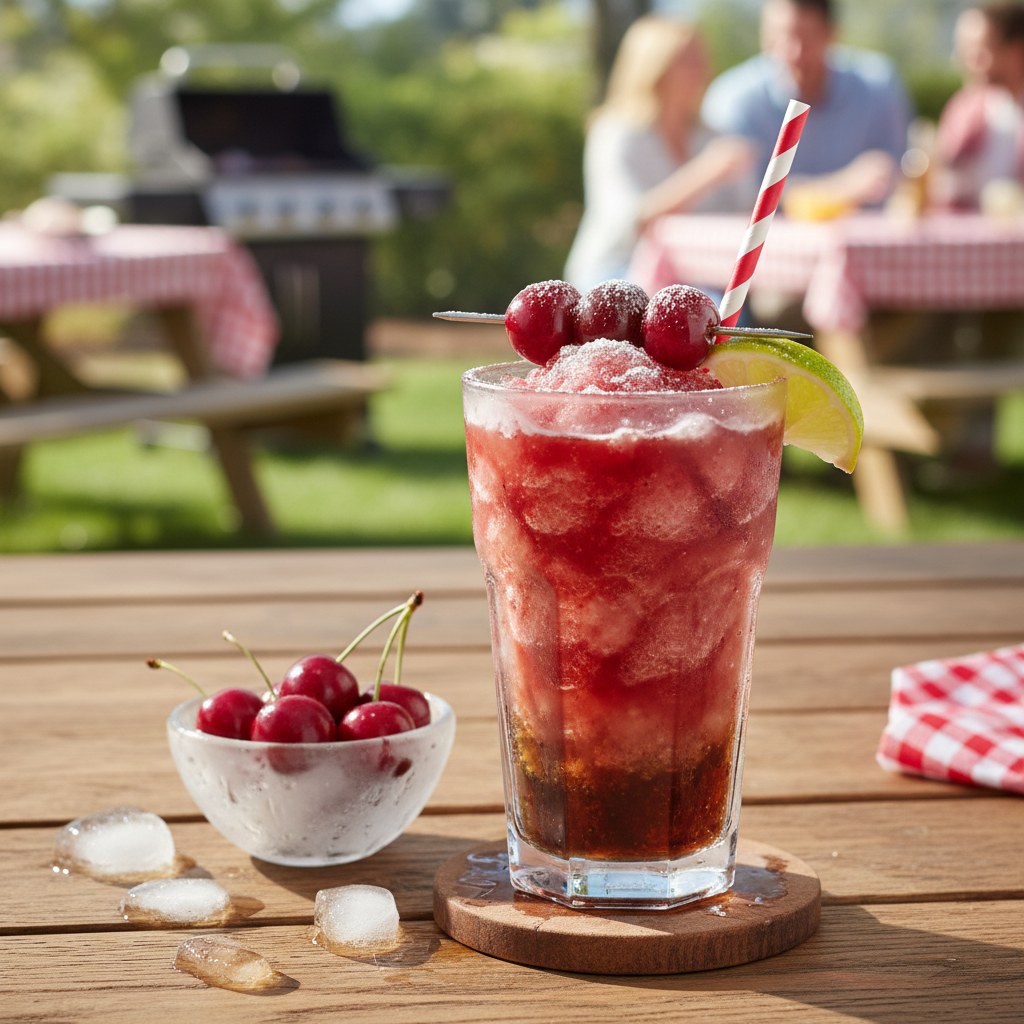 Frozen Cherry Rum and Coke Slushie: The Ultimate 3-Ingredient Summer Drink! 2 Close-up of a vibrant red Cherry Rum and Coke Slushie in a glass, garnished with fresh cherries and a lime slice.
