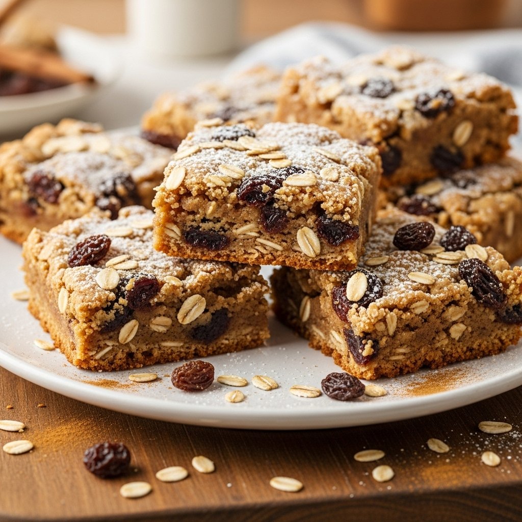Delicious chewy oatmeal raisin cookie bars sliced into squares on a wire rack.