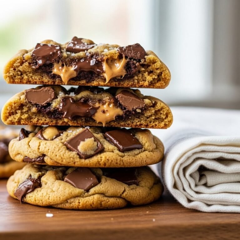 Plate of freshly baked chewy peanut butter chocolate chunk cookies with melted chocolate