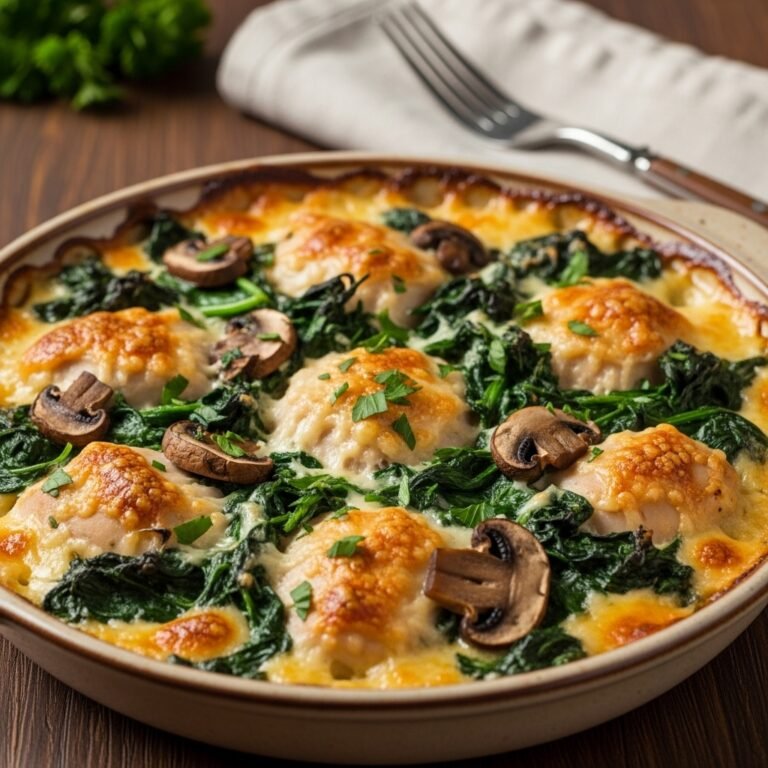 A close-up of a delicious Chicken Spinach and Mushroom Low Carb Oven Dish, baked to golden perfection, perfect for keto.