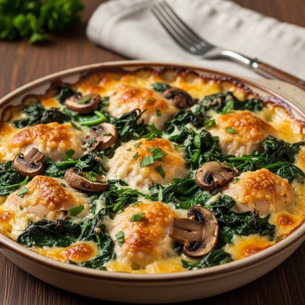 A close-up of a delicious Chicken Spinach and Mushroom Low Carb Oven Dish, baked to golden perfection, perfect for keto.