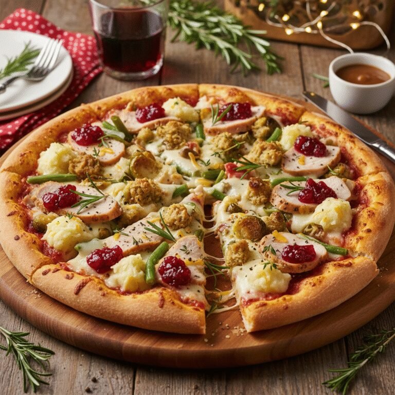A festive Christmas Leftovers Pizza topped with turkey, vegetables, and melted cheese, ready to be sliced.