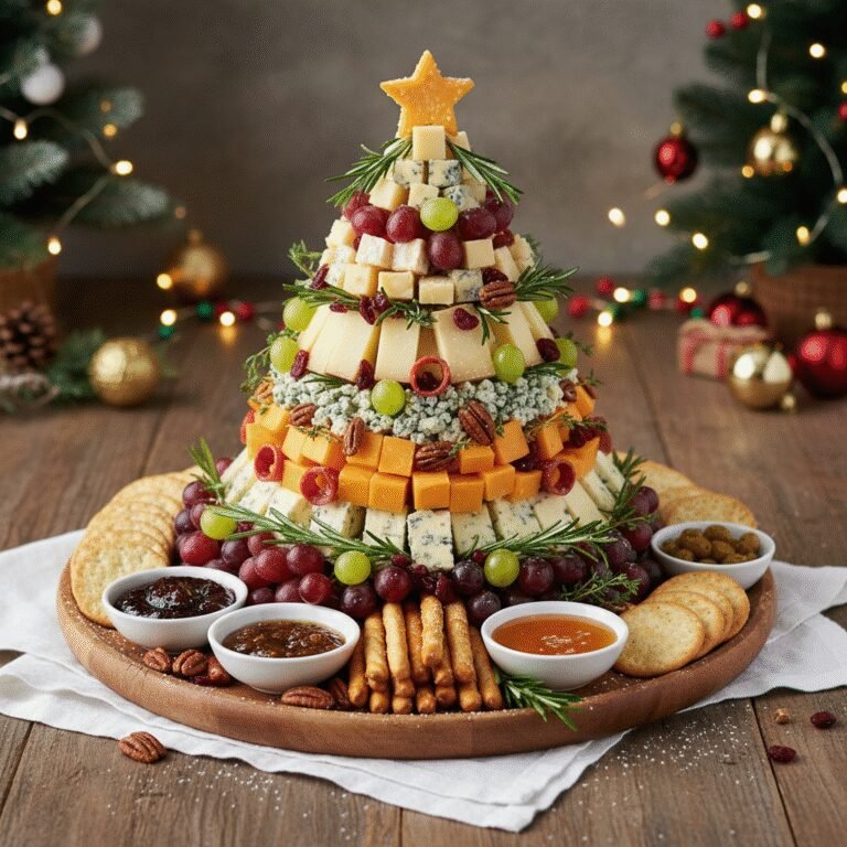 Dazzling Christmas Tree Cheeseboard: Your Ultimate Holiday Appetizer Guide 3 Festive Christmas Tree Cheeseboard adorned with cheeses, grapes, tomatoes, and rosemary on a wooden platter.