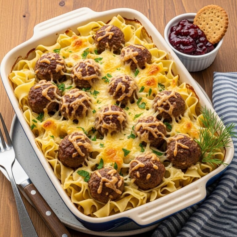 Comforting Swedish Meatball Noodle Bake – Best Easy Family Dinner Recipe! 3 A bubbling casserole dish filled with Swedish Meatball Noodle Bake, featuring tender meatballs, egg noodles, and melted cheddar cheese, ready to serve for a family dinner.