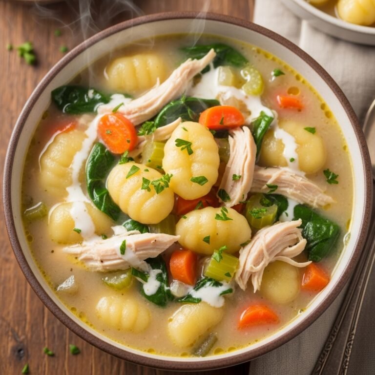 Copycat Olive Garden Chicken Gnocchi Soup – Best Homemade Comfort Soup Recipe! 3 A creamy bowl of Copycat Olive Garden Chicken Gnocchi Soup with tender chicken, gnocchi, carrots, celery, and spinach, garnished with Parmesan cheese.