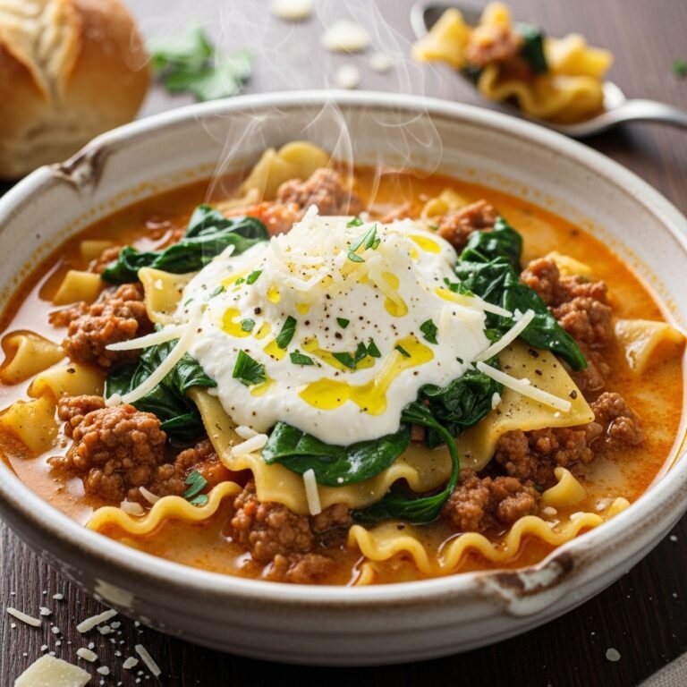 Creamy Alfredo Lasagna Soup – The Ultimate Comfort Food Recipe You'll Crave! 3 A rich bowl of creamy Alfredo lasagna soup, topped with melted mozzarella, fresh ricotta, and green parsley, ready to be enjoyed.