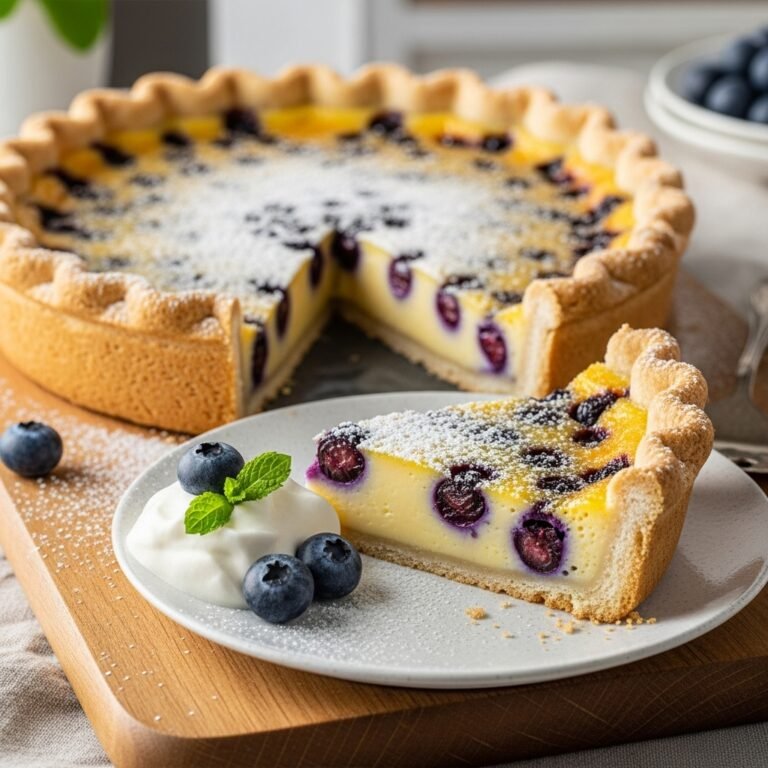 Slice of creamy blueberry custard pie with a golden crust and fresh blueberries