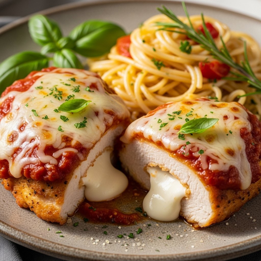 Golden-brown Creamy Chicken Parmesan stuffed with cream cheese and topped with melted mozzarella and marinara sauce, served with fresh basil.