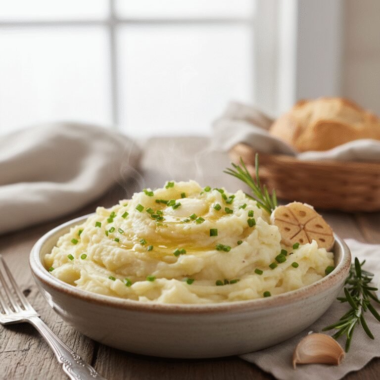 Creamy garlic mashed potatoes in a serving bowl, garnished with fresh chives, ready for a Christmas dinner.