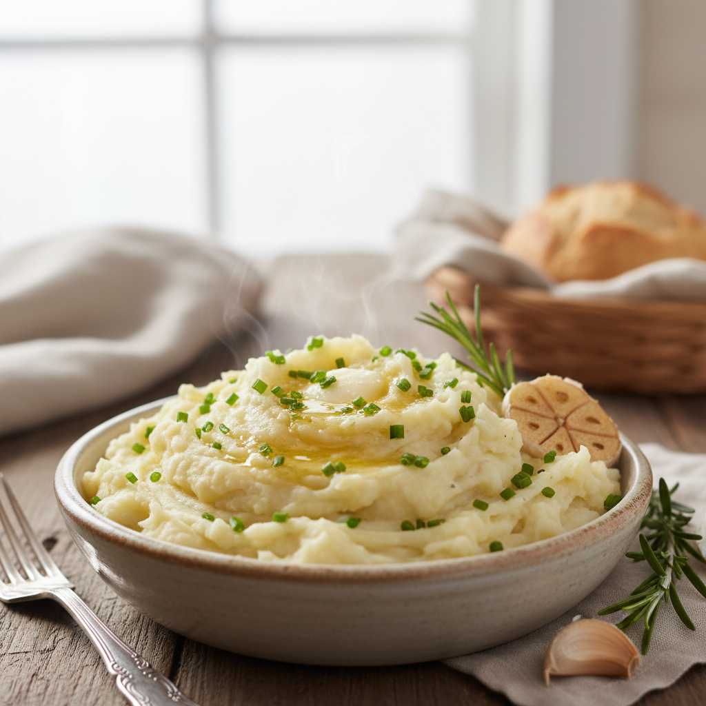 Creamy garlic mashed potatoes in a serving bowl, garnished with fresh chives, ready for a Christmas dinner.
