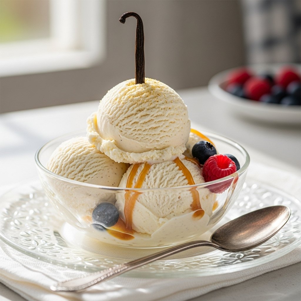 The Ultimate 5-Ingredient Creamy Homemade Vanilla Ice Cream 2 Scoops of creamy homemade vanilla ice cream in a bowl with a spoon, garnished with a vanilla bean pod.