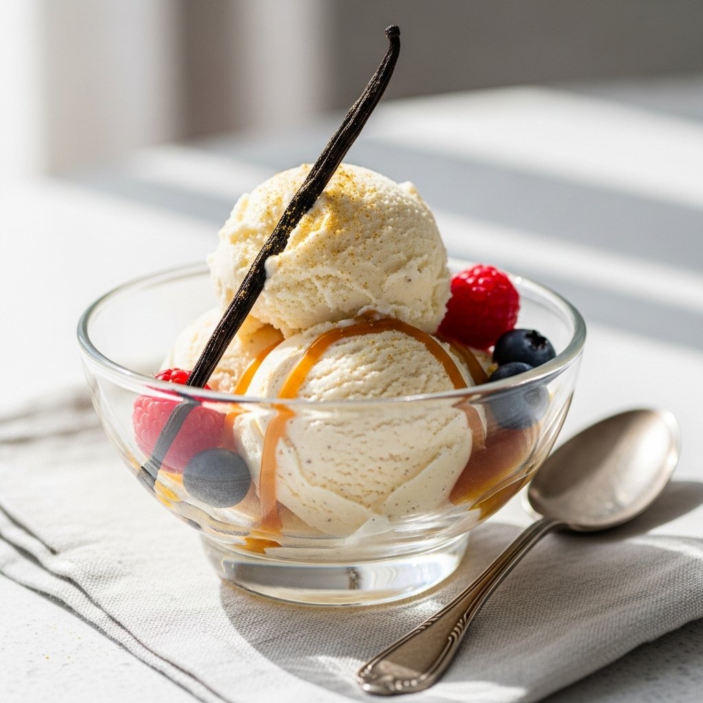 Creamy Homemade Vanilla Ice Cream – Best Classic Summer Dessert Recipe! 2 A scoop of creamy homemade vanilla ice cream in a bowl with a spoon, garnished with a vanilla bean.