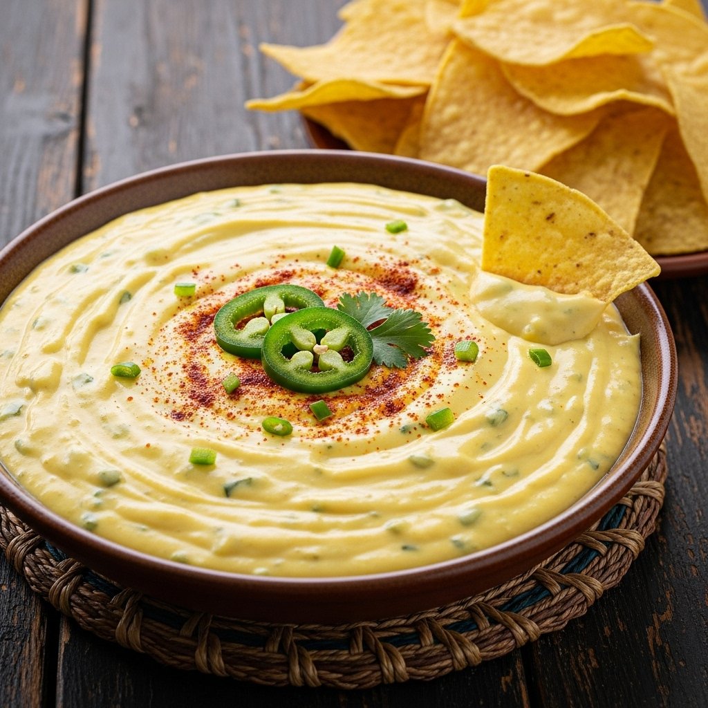 Creamy Mexican Restaurant-Style Cheese Dip with tortilla chips and cilantro