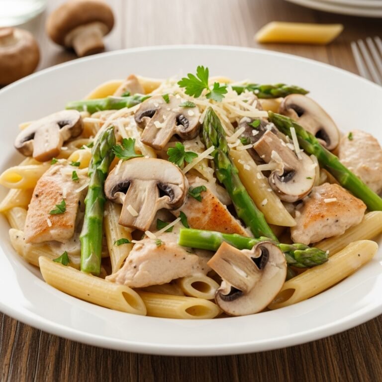 Close-up of creamy mushroom and asparagus chicken penne in a skillet, garnished with fresh parsley.