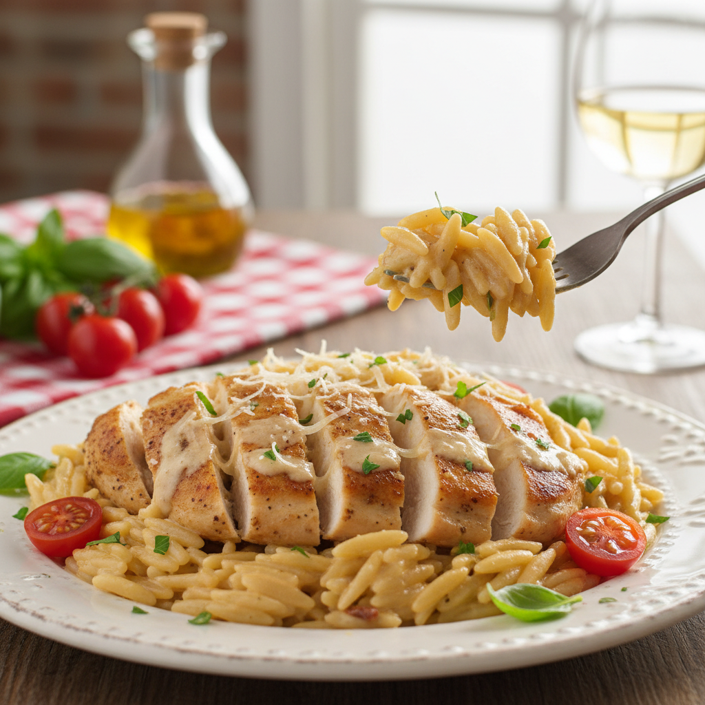 A close-up of a skillet filled with Creamy Parmesan Chicken and Orzo, garnished with fresh parsley.
