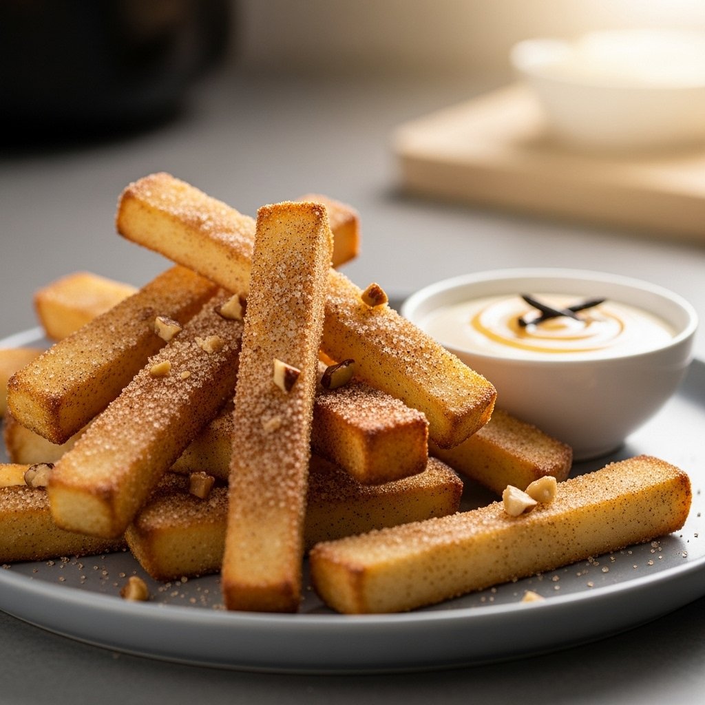 Crispy Air Fryer Apple Fries: The Ultimate Healthy & Easy Snack! 2 Crispy Air Fryer Apple Fries served golden brown with a dusting of cinnamon sugar.