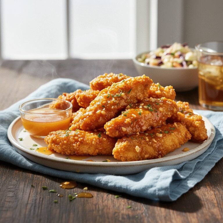 Plated crispy air fryer honey butter garlic chicken tenders with a golden-brown coating and a shiny glaze.
