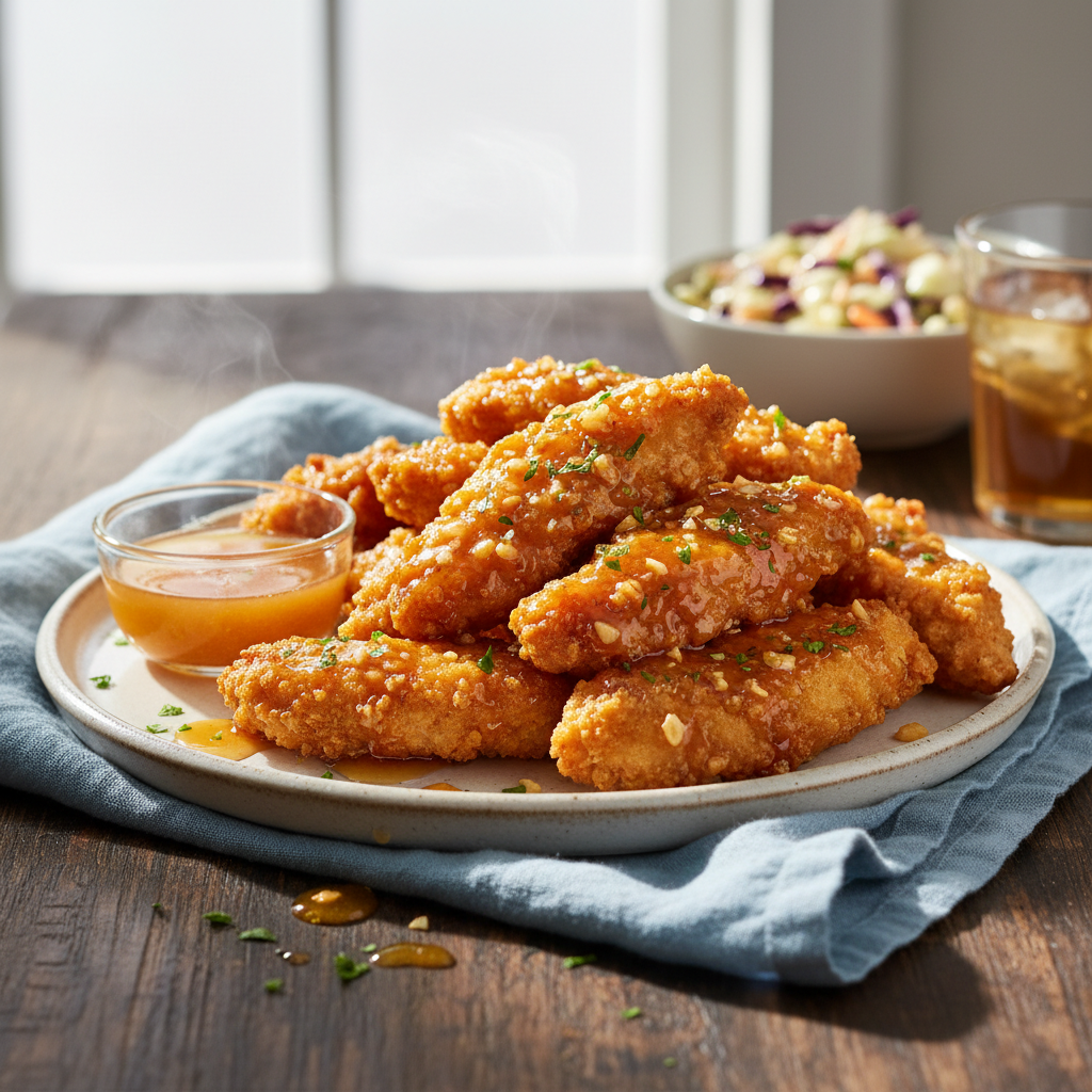 Plated crispy air fryer honey butter garlic chicken tenders with a golden-brown coating and a shiny glaze.