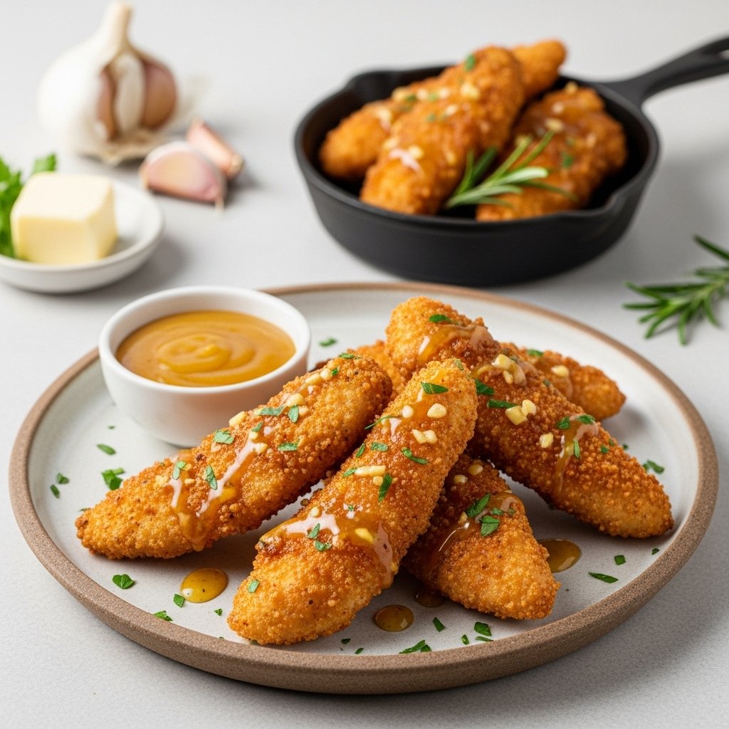 Crispy Air Fryer Honey Butter Garlic Chicken Tenders: Quick & Flavorful! 2 Crispy Air Fryer Honey Butter Garlic Chicken Tenders on a plate with fresh parsley.