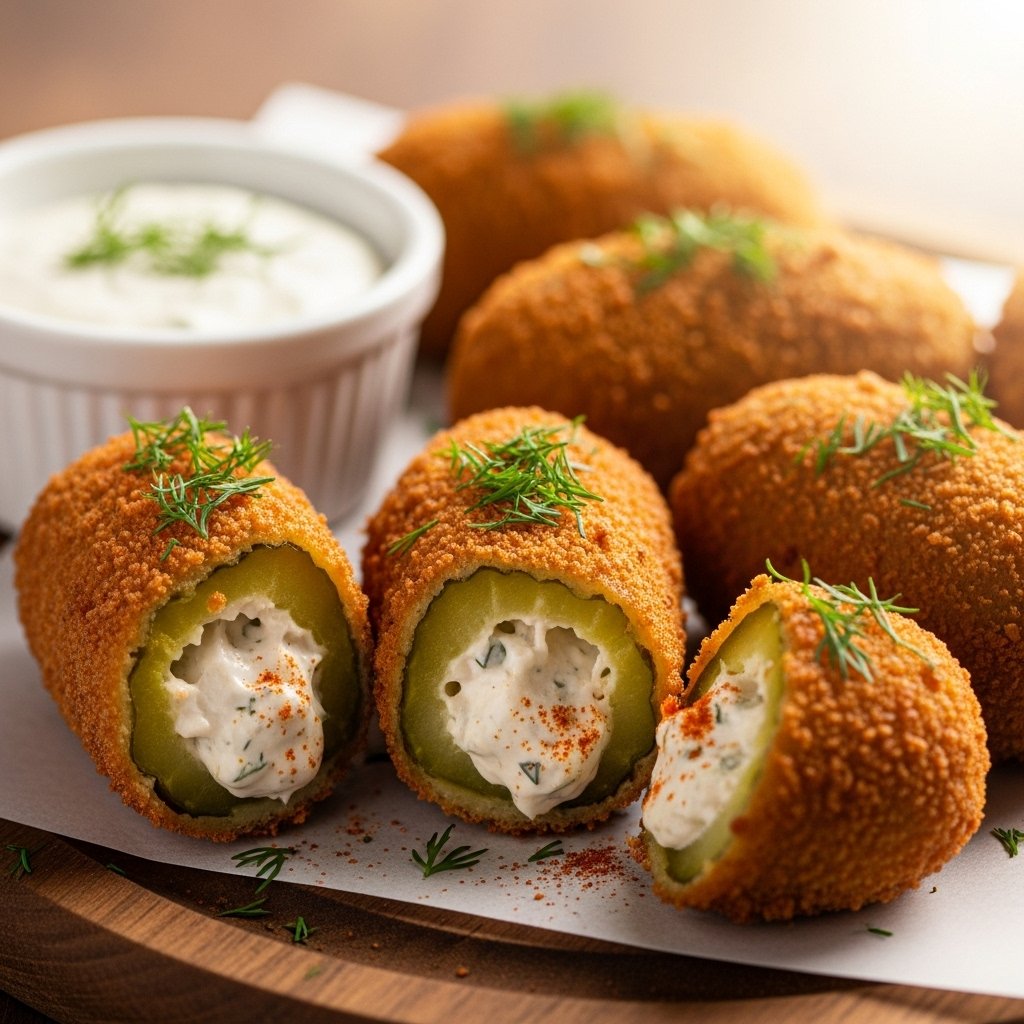 Close-up of crispy air fryer stuffed pickles with a creamy, cheesy filling, garnished with fresh dill.