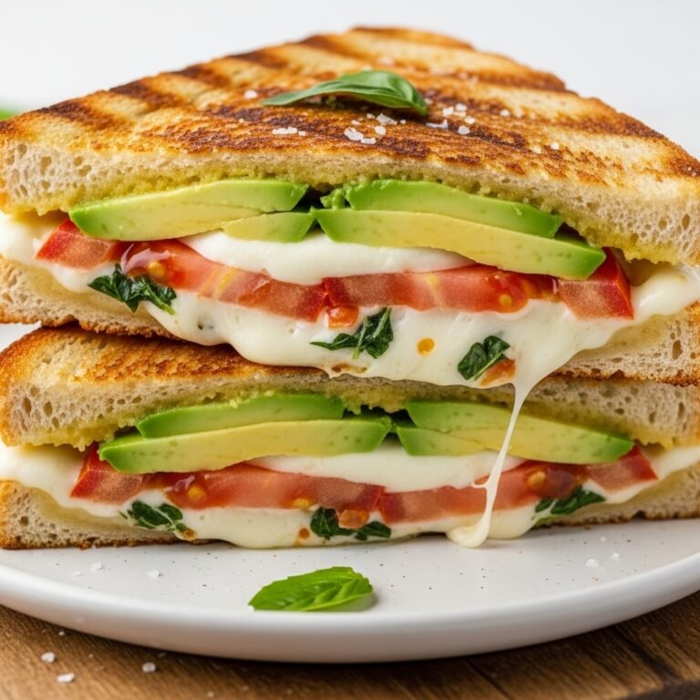 Crispy Avocado Mozzarella Tomato Grilled Cheese sandwich on a cutting board, garnished with basil