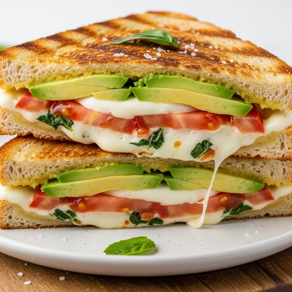 Crispy Avocado Mozzarella Tomato Grilled Cheese sandwich on a cutting board, garnished with basil