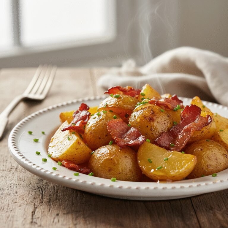 Close-up of crispy honey bacon roasted potatoes with fresh herbs, ready to serve.