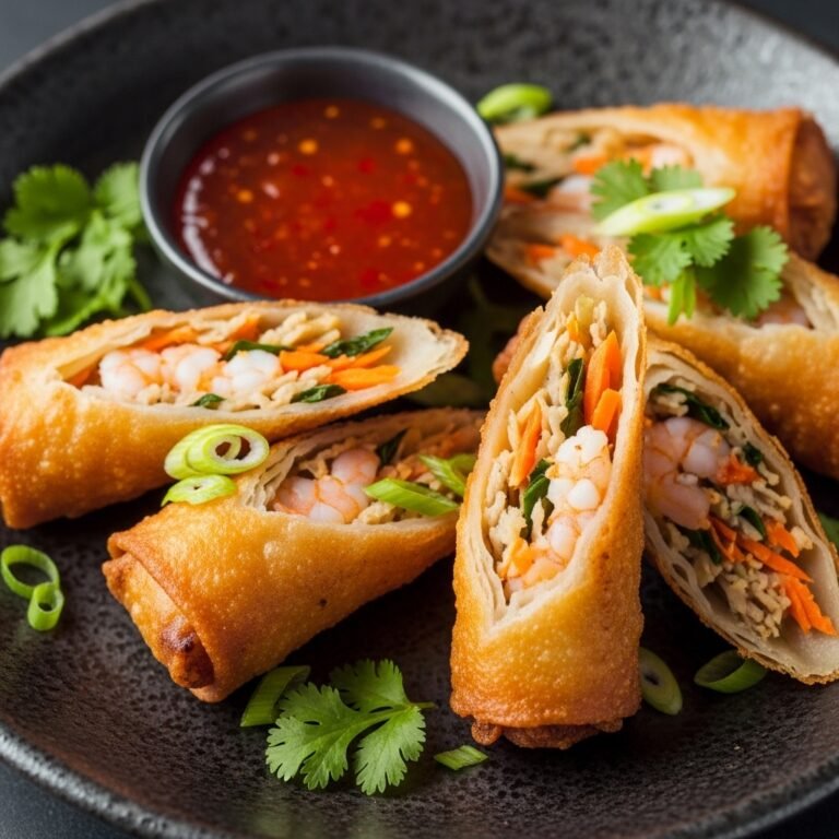 A plate of golden crispy shrimp egg rolls with a bowl of sweet chili dipping sauce, ready to be served.