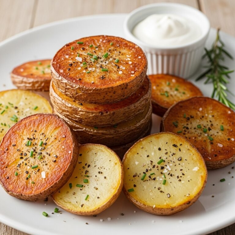 Pile of golden crispy sliced baked potatoes seasoned with herbs, served as an easy side dish.