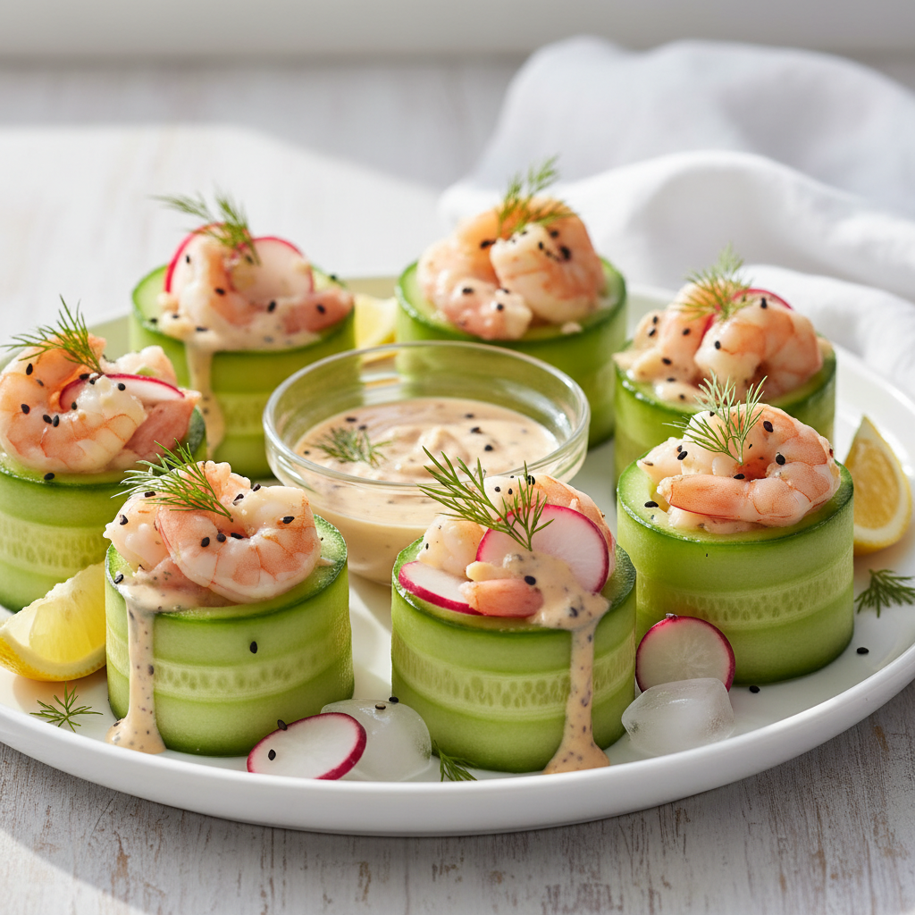 Refreshing Cucumber Prawn Cocktail Cups on a platter, garnished with dill, perfect for a party.